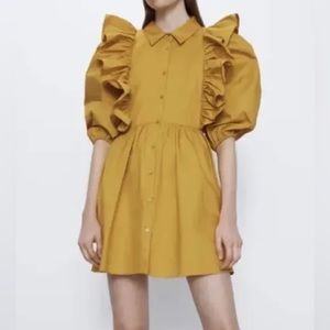 NWT ZARA COTTON RUFFLED VOLUMINOUS DRESS MUSTARD Sz S